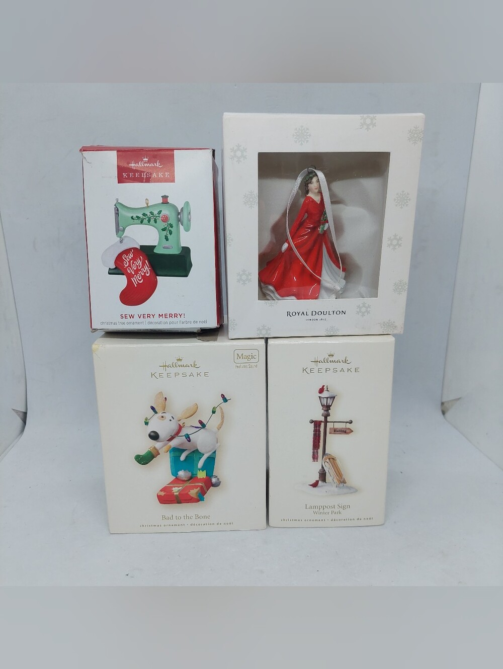 Hallmark Ornaments Lot Of 4 Lamppost Sign Bad To The Bone Sew Very Merry Doulton